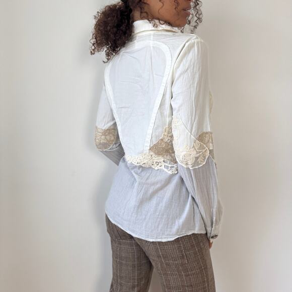 Vintage Italian patchwork lace & cotton appliqué button-down blouse (Medium) - Picture 4 of 10